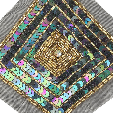 Vintage Black Iris, Multicolored and Gold Beaded and Sequins Diamond Applique - 5.25" x 5.25"