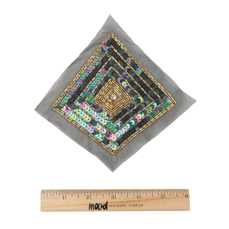 Vintage Black Iris, Multicolored and Gold Beaded and Sequins Diamond Applique - 5.25" x 5.25"