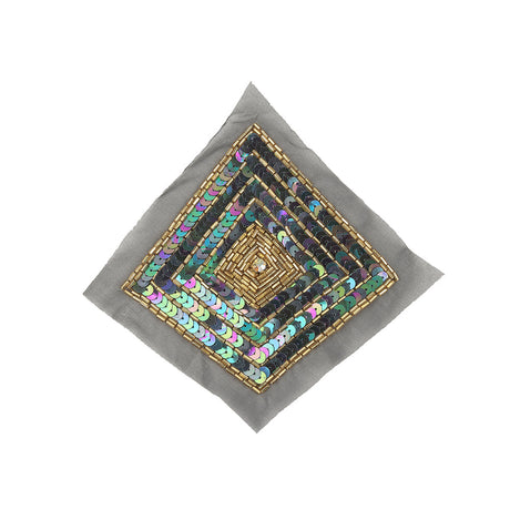 Vintage Black Iris, Multicolored and Gold Beaded and Sequins Diamond Applique - 5.25" x 5.25"