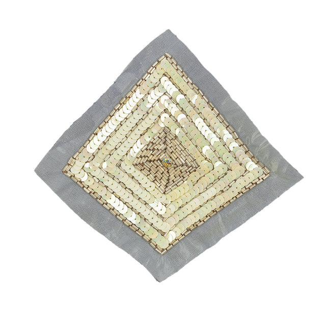 Vintage Iridescent Ivory and Gold Beaded and Sequins Diamond Applique - 5.25" x 5.25"