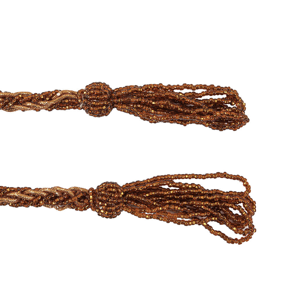 Vintage Bronze and Gold Beaded Braided Belt with Loop Tassels - 0.75" x 40"