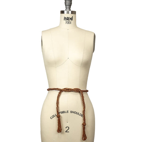 Vintage Bronze and Gold Beaded Braided Belt with Loop Tassels - 0.75" x 40"