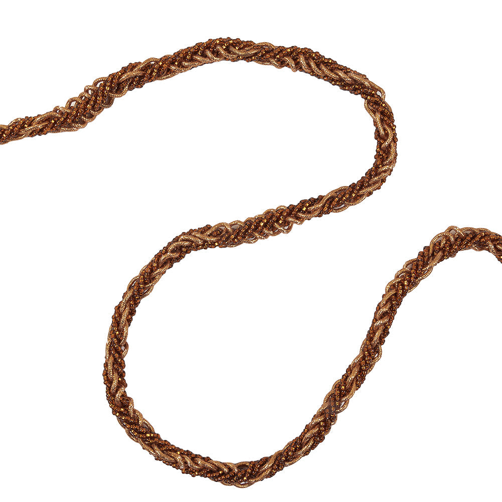 Vintage Bronze and Gold Beaded Braided Belt with Loop Tassels - 0.75" x 40"
