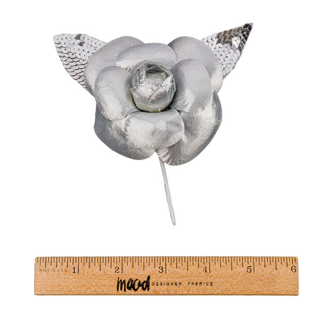 Vintage Silver Fabric Flower Pick with Silver Sequined Leaves - 5" x 4.25"