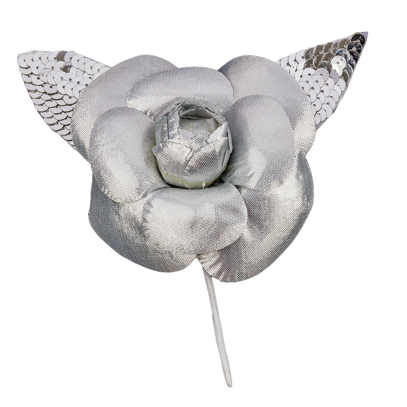 Vintage Silver Fabric Flower Pick with Silver Sequined Leaves - 5" x 4.25"
