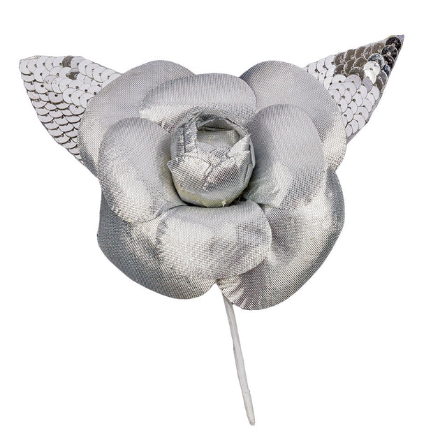 Vintage Silver Fabric Flower Pick with Silver Sequined Leaves - 5" x 4.25"