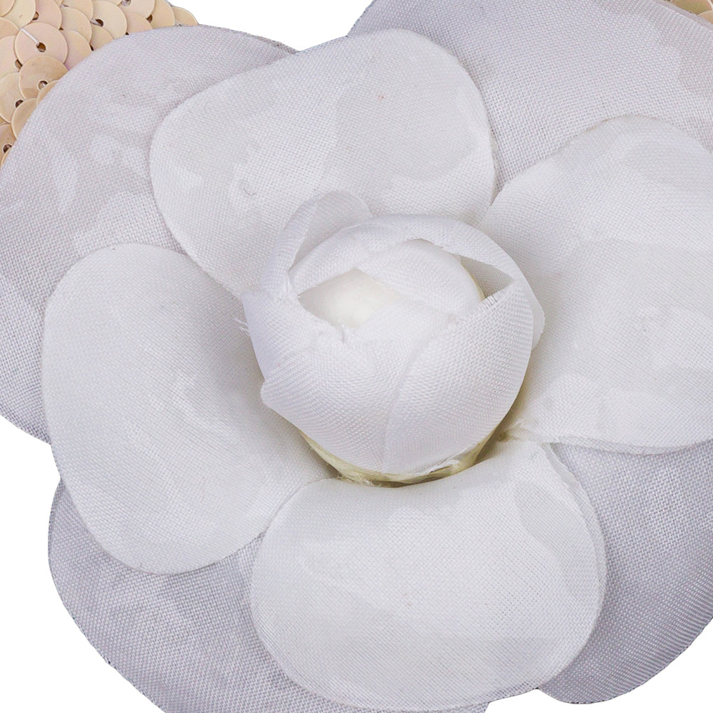 Vintage White Fabric Flower Pick with White Iris Sequined Leaves - 5" x 4.25"