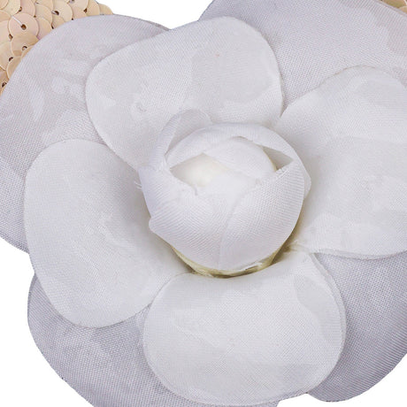 Vintage White Fabric Flower Pick with White Iris Sequined Leaves - 5" x 4.25"