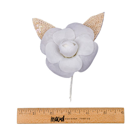 Vintage White Fabric Flower Pick with White Iris Sequined Leaves - 5" x 4.25"