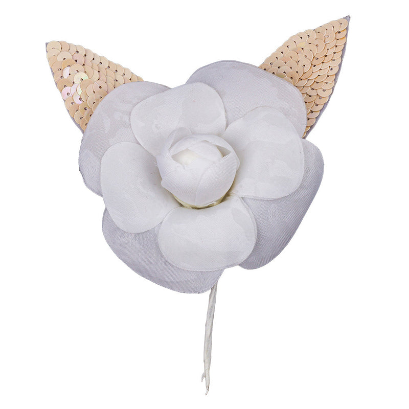 Vintage White Fabric Flower Pick with White Iris Sequined Leaves - 5" x 4.25"