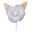 Vintage White Fabric Flower Pick with White Iris Sequined Leaves - 5" x 4.25"
