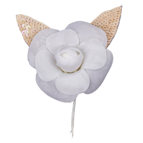 Vintage White Fabric Flower Pick with White Iris Sequined Leaves - 5" x 4.25"