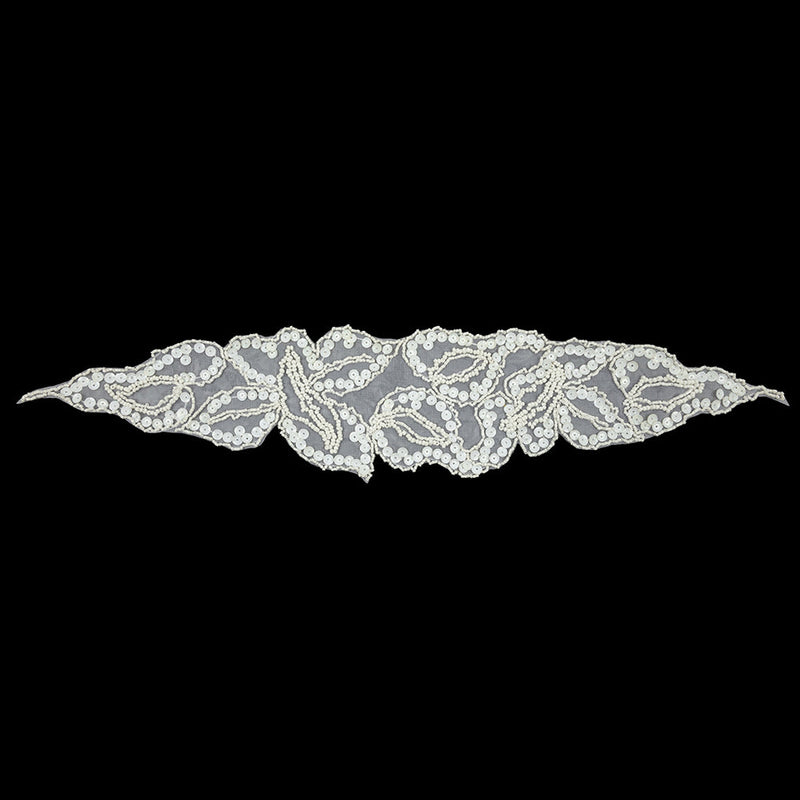 Vintage White Abstracted Leaves Beaded and Sequins Sheer Mesh Applique - 3.75" x 18.25"