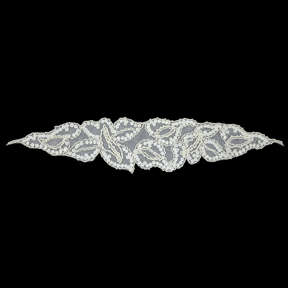 Vintage White Abstracted Leaves Beaded and Sequins Sheer Mesh Applique - 3.75" x 18.25"