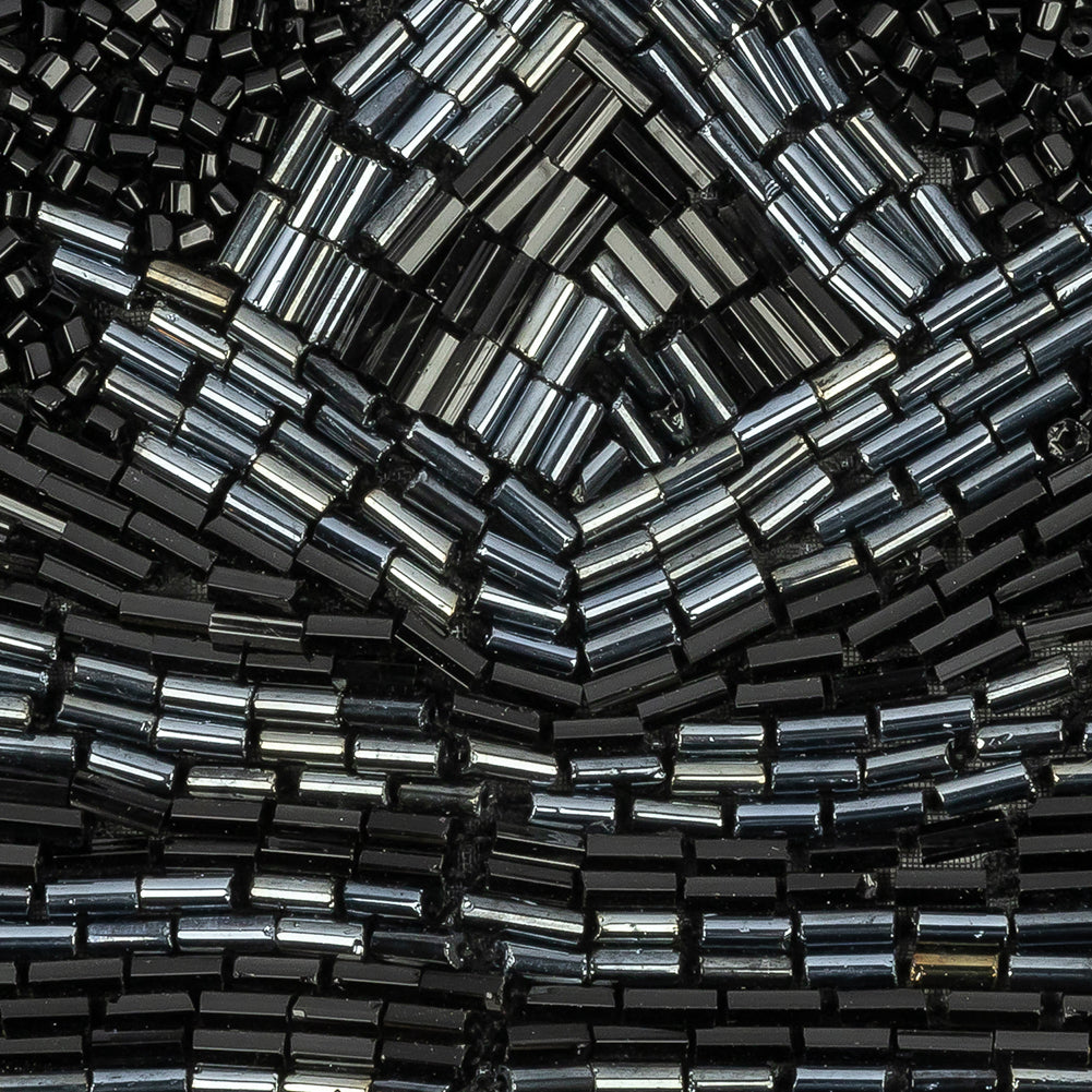 Vintage Gunmetal and Black Large Geometric Glass Beaded Applique - 4.5" x 19.75"