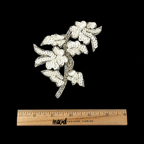 Vintage White Iris Sequins and Silver Bugle Beaded Floral Applique - 4.75" x 3.75"
