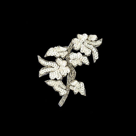 Vintage White Iris Sequins and Silver Bugle Beaded Floral Applique - 4.75" x 3.75"