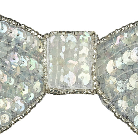 Vintage Iridescent White and Silver Lined Sequined and Beaded Bow Applique - 2.75" x 2.5"