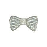 Vintage Iridescent White and Silver Lined Sequined and Beaded Bow Applique - 2.75" x 2.5"