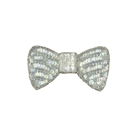 Vintage Iridescent White and Silver Lined Sequined and Beaded Bow Applique - 2.75" x 2.5"