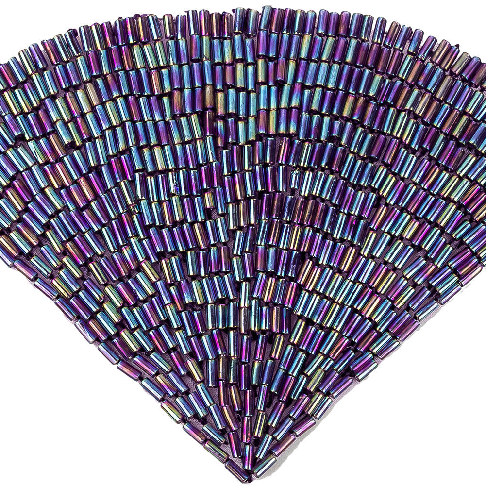 Vintage Lavender Iris Beaded Fan Applique - 3.5" x 5"