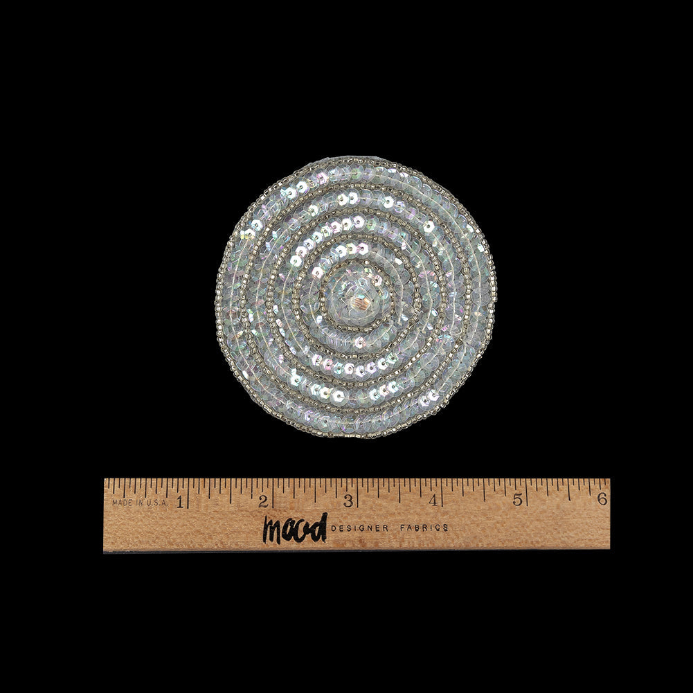 Vintage White Iris Sequins and Silver Lined Seed Beaded Concentric Circles Applique - 3.375"