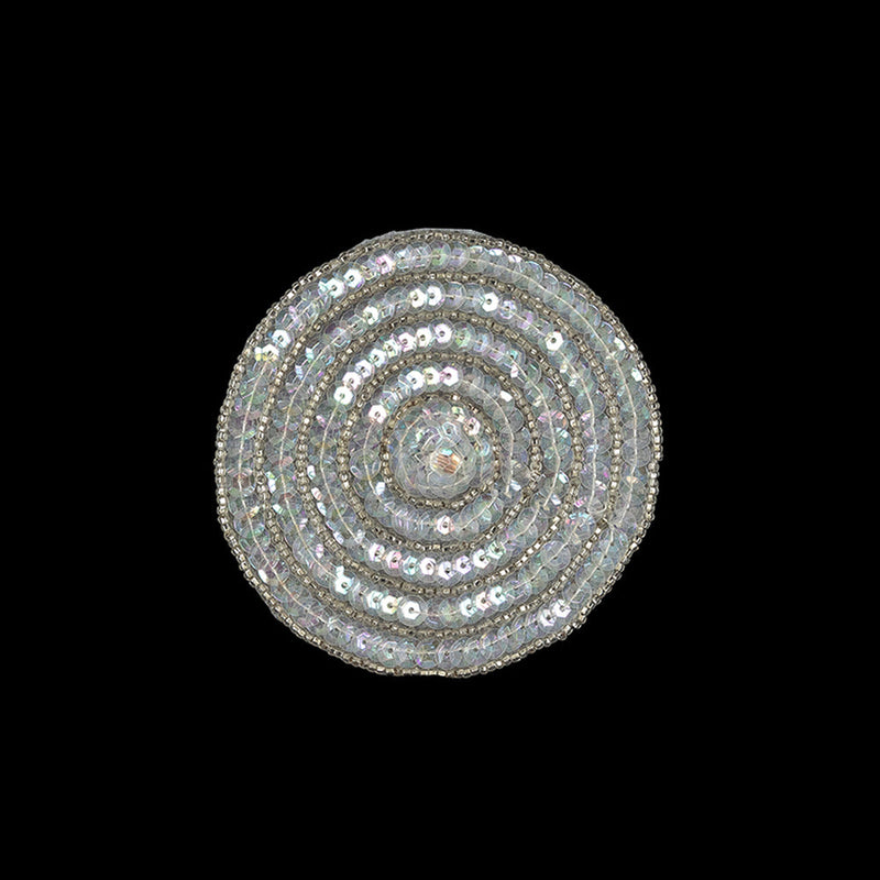 Vintage White Iris Sequins and Silver Lined Seed Beaded Concentric Circles Applique - 3.375"