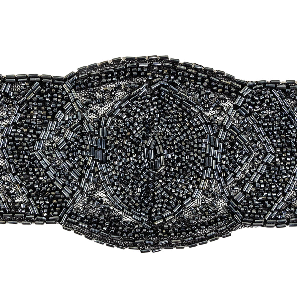 Vintage Gunmetal Bugle and Seed Beaded Abstract Mesh-Backed Applique - 13.25" x 4"