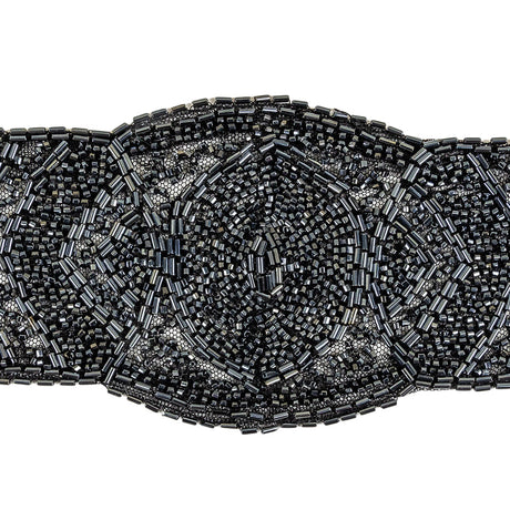 Vintage Gunmetal Bugle and Seed Beaded Abstract Mesh-Backed Applique - 13.25" x 4"