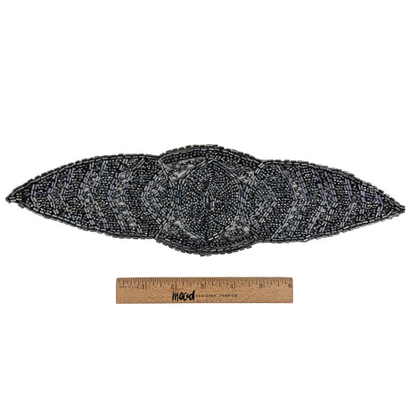 Vintage Gunmetal Bugle and Seed Beaded Abstract Mesh-Backed Applique - 13.25" x 4"