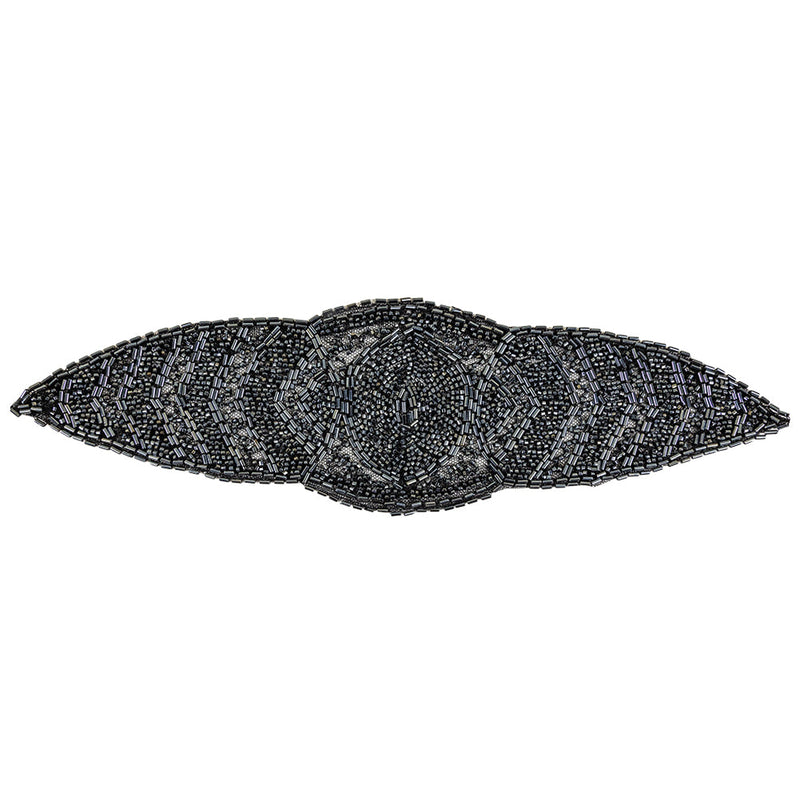 Vintage Gunmetal Bugle and Seed Beaded Abstract Mesh-Backed Applique - 13.25" x 4"