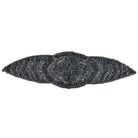 Vintage Gunmetal Bugle and Seed Beaded Abstract Mesh-Backed Applique - 13.25" x 4"