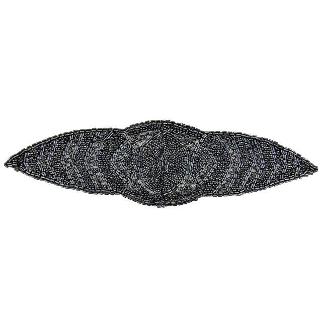 Vintage Gunmetal Bugle and Seed Beaded Abstract Mesh-Backed Applique - 13.25" x 4"