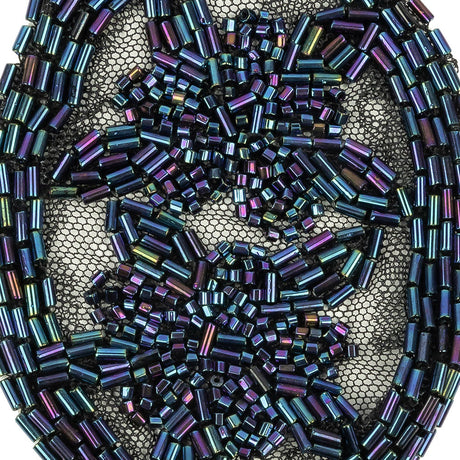 Vintage Blue Iris Floral Bugle Beaded Applique on Black Mesh - 3" x 3.875"