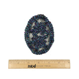 Vintage Blue Iris Floral Bugle Beaded Applique on Black Mesh - 3" x 3.875"