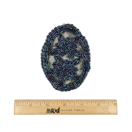 Vintage Blue Iris Floral Bugle Beaded Applique on Black Mesh - 3" x 3.875"