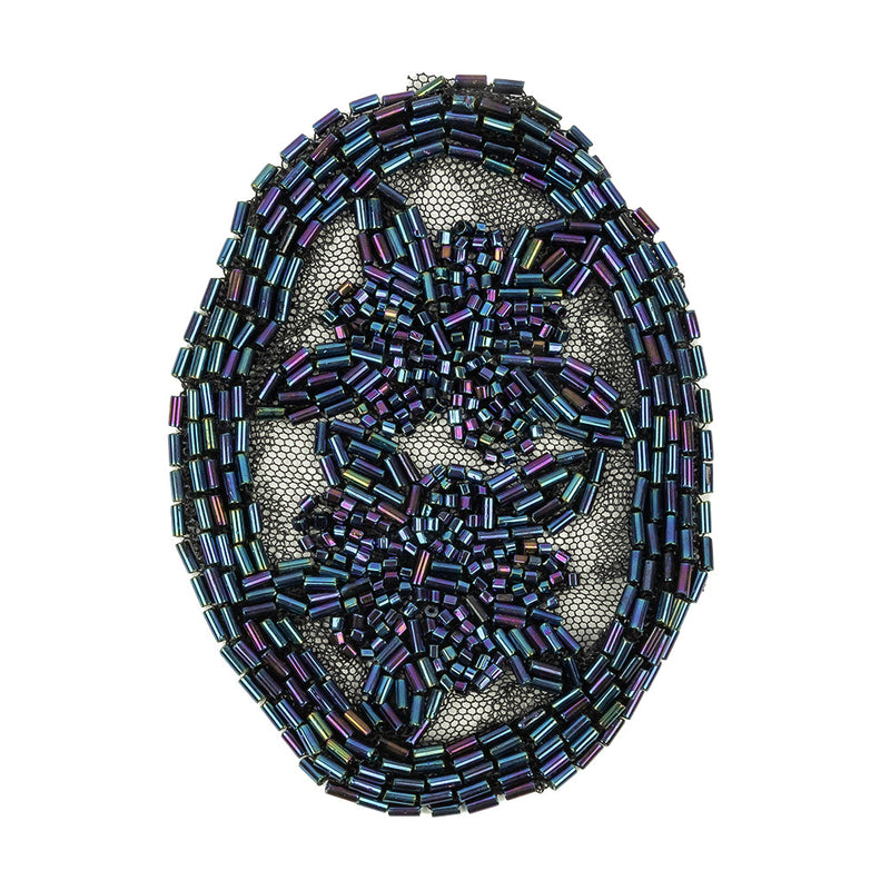 Vintage Blue Iris Floral Bugle Beaded Applique on Black Mesh - 3" x 3.875"