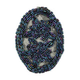 Vintage Blue Iris Floral Bugle Beaded Applique on Black Mesh - 3" x 3.875"