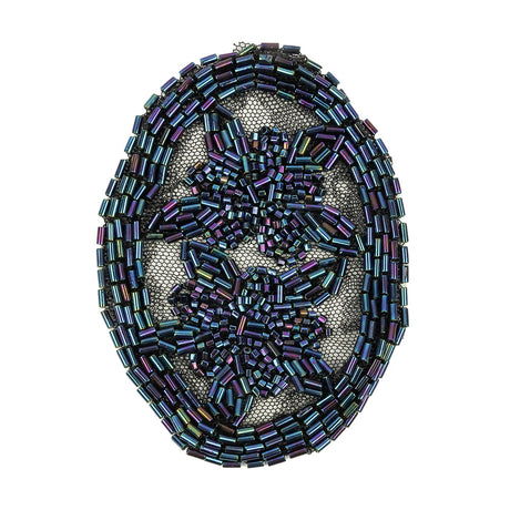 Vintage Blue Iris Floral Bugle Beaded Applique on Black Mesh - 3" x 3.875"