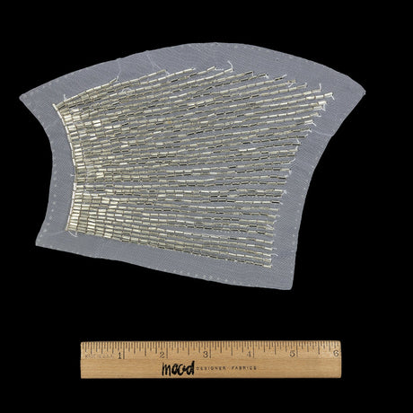 Vintage Silver Linear Left Glass Bugle Beaded Sheer Applique - 6.25" x 4.5"