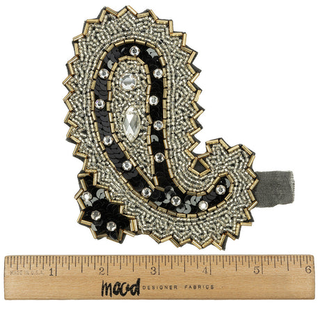 Vintage Black, Silver and Gold Left Paisley Beaded, Sequined and Rhinestone Applique - 5.25" x 3.75"