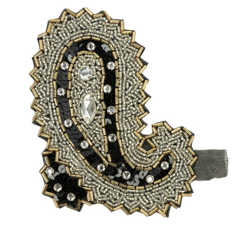Vintage Black, Silver and Gold Left Paisley Beaded, Sequined and Rhinestone Applique - 5.25" x 3.75"