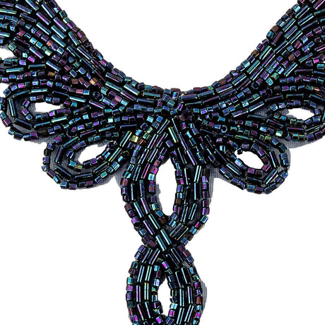 Vintage Blue Iris Bugle and Chop Beaded Abstract Applique - 4.25" x 5.5"
