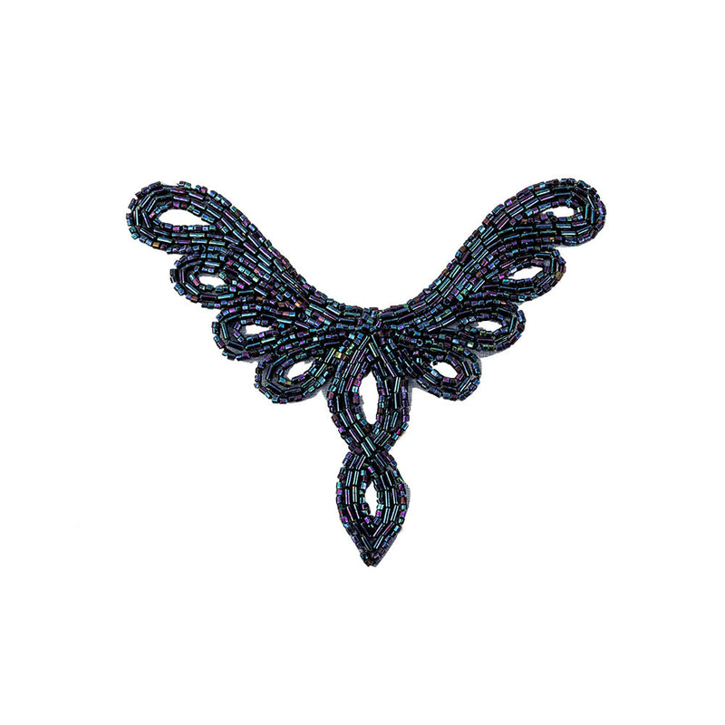 Vintage Blue Iris Bugle and Chop Beaded Abstract Applique - 4.25" x 5.5"