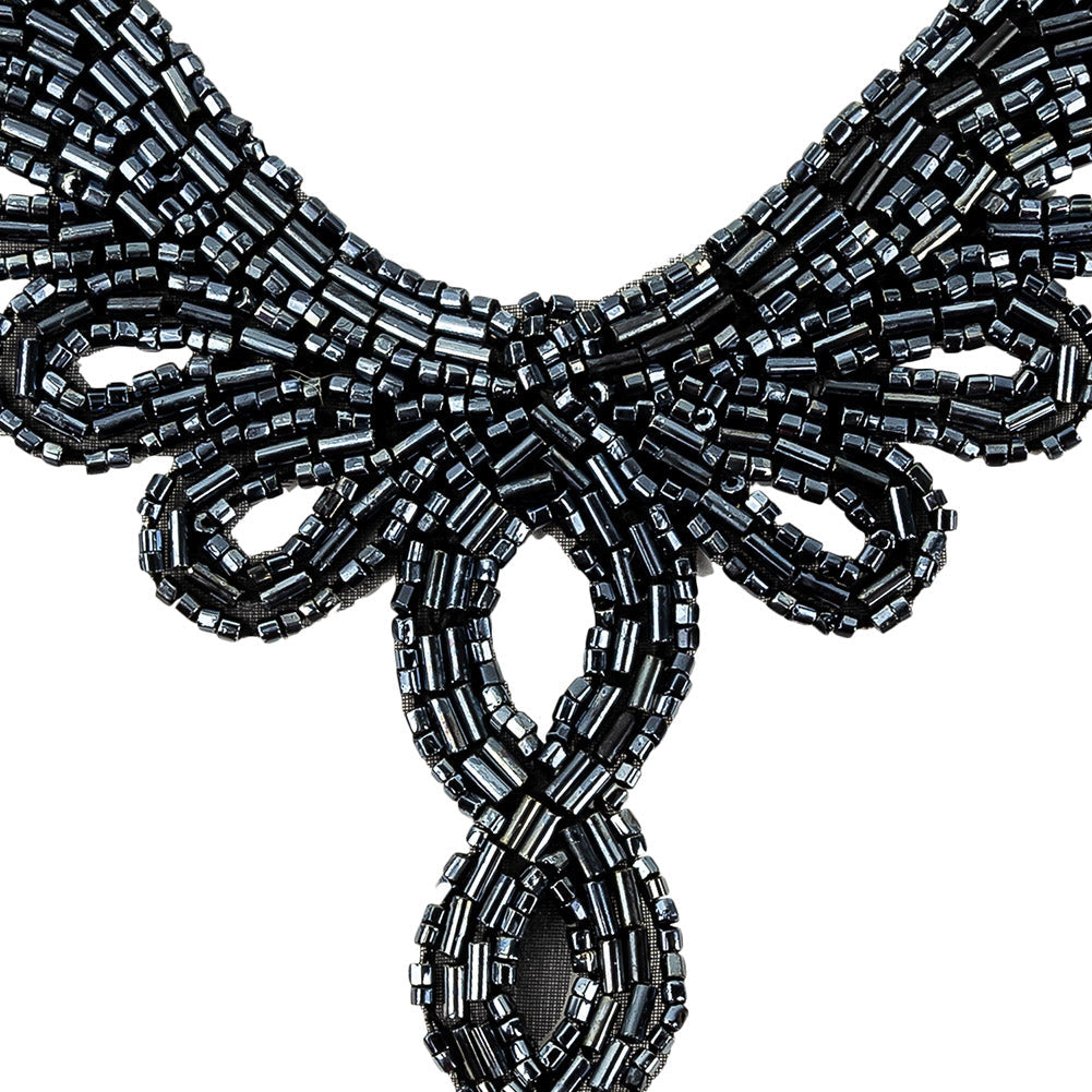 Vintage Gunmetal Bugle and Chop Beaded Abstract Applique - 4.25" x 5.5"