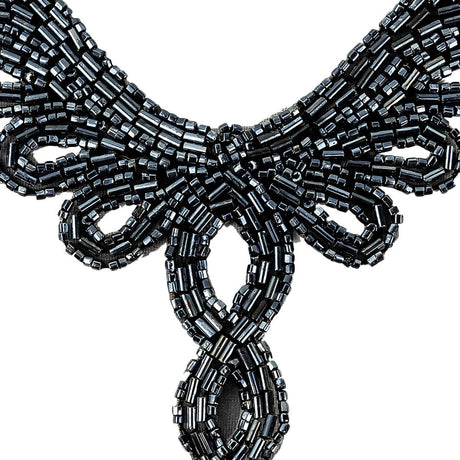 Vintage Gunmetal Bugle and Chop Beaded Abstract Applique - 4.25" x 5.5"