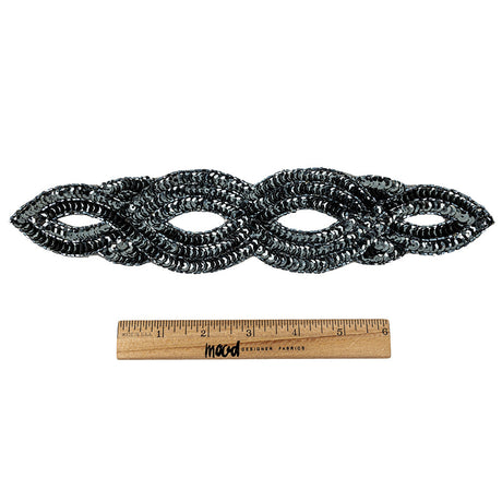 Vintage Gunmetal Sequins and Beaded Figure Eight Applique - 11" x 2.5"