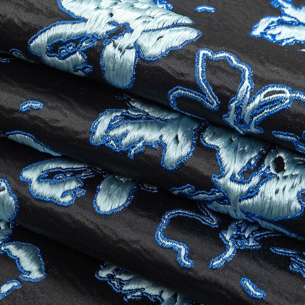 Metallic Magnetic Blue, Baby Blue and Black Floral Luxury Brocade