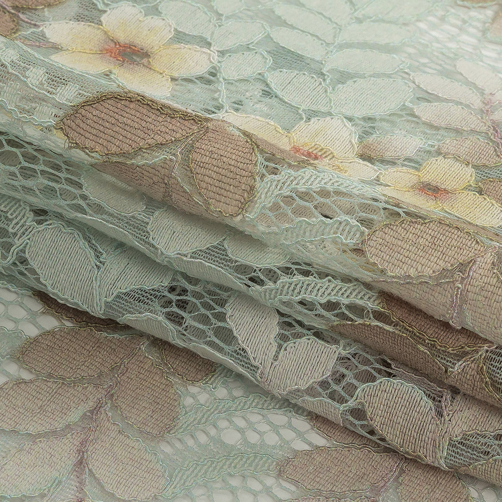 Corded Lace - Pale Aqua, Taupe and Mellow Yellow Dyed Floral