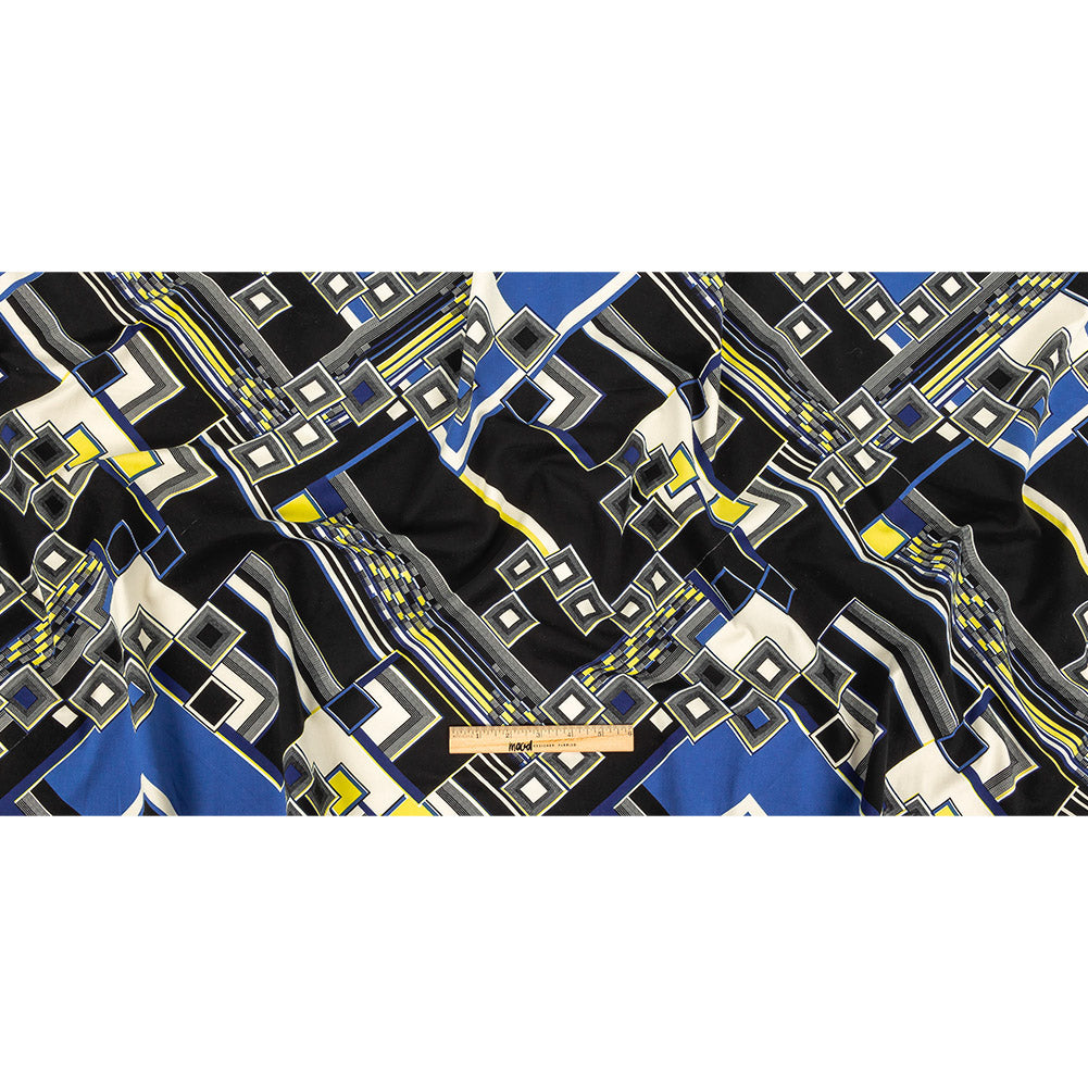 Navy, Yellow and Cobalt Geometric Stretch Brushed Cotton Twill